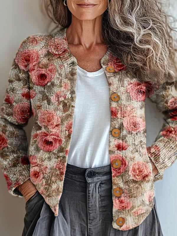 Women's Vintage Floral Art Print Buttoned Cardigan Sweater