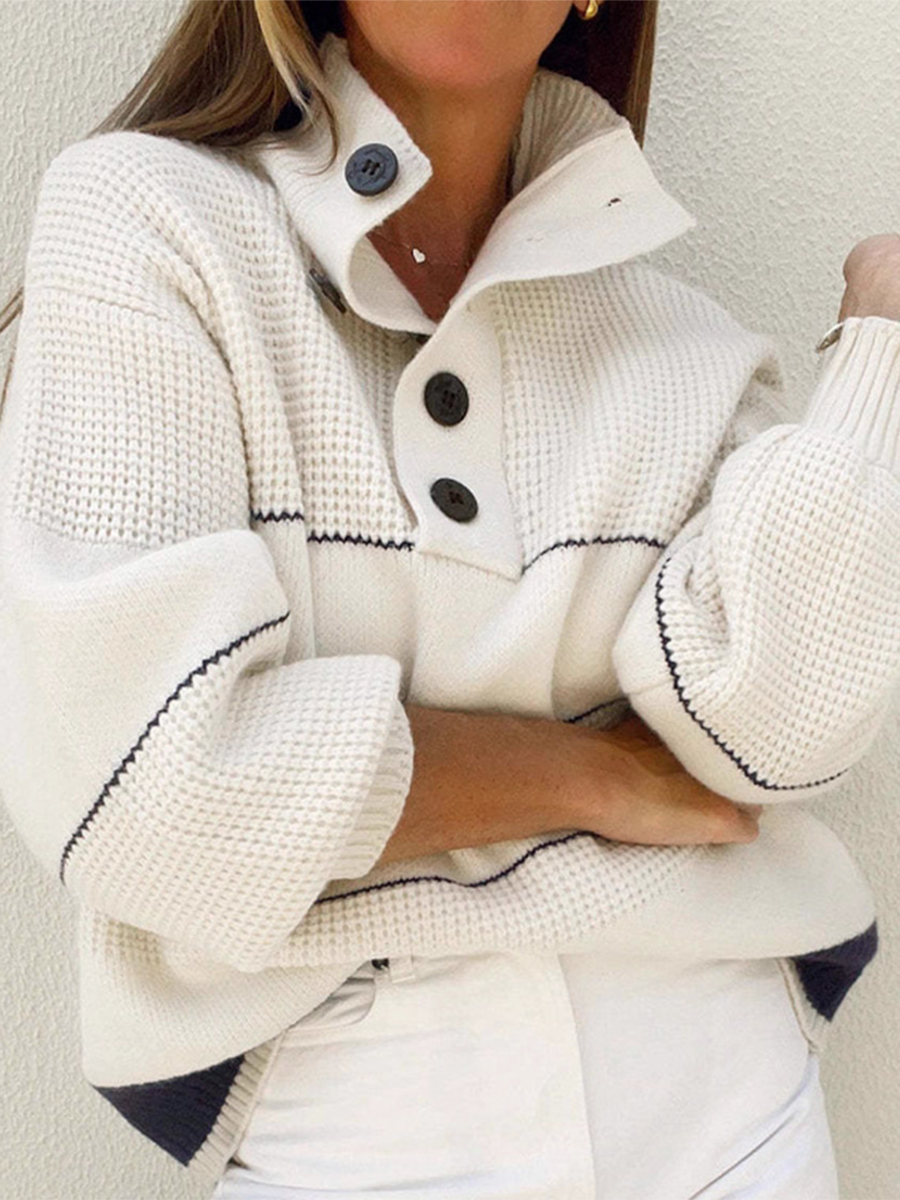 Contrast Color Loose Casual Polo Pullover Sweater