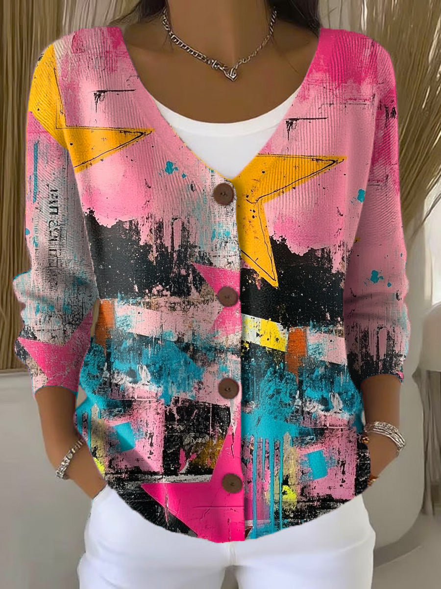 color-graffiti-style-print-buttoned-v-neck-cardigan-sweater