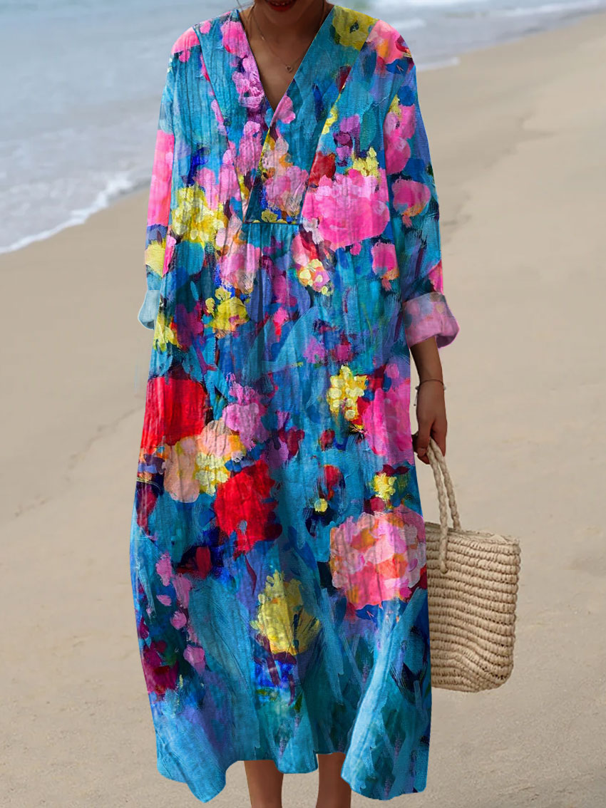 Women's Vintage Art Flowers  Print Casual Dress