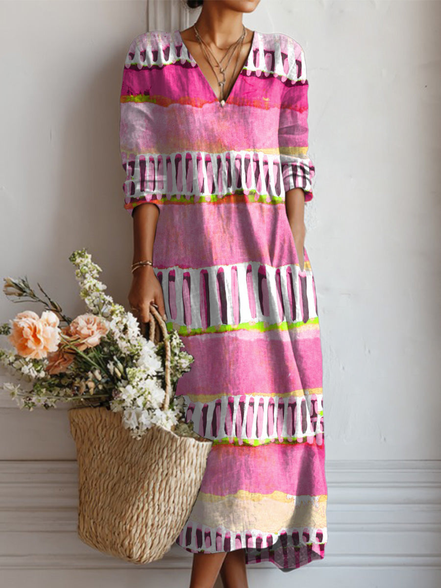 Women's Pink Horizontal Stripes Print Linen Pocket Tunic Dress