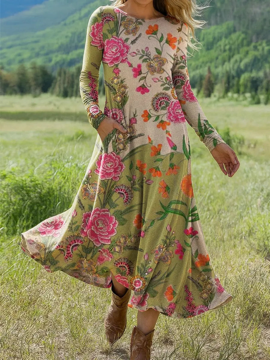 Women's Vintage  Flower Art Print Long-sleeved Dress