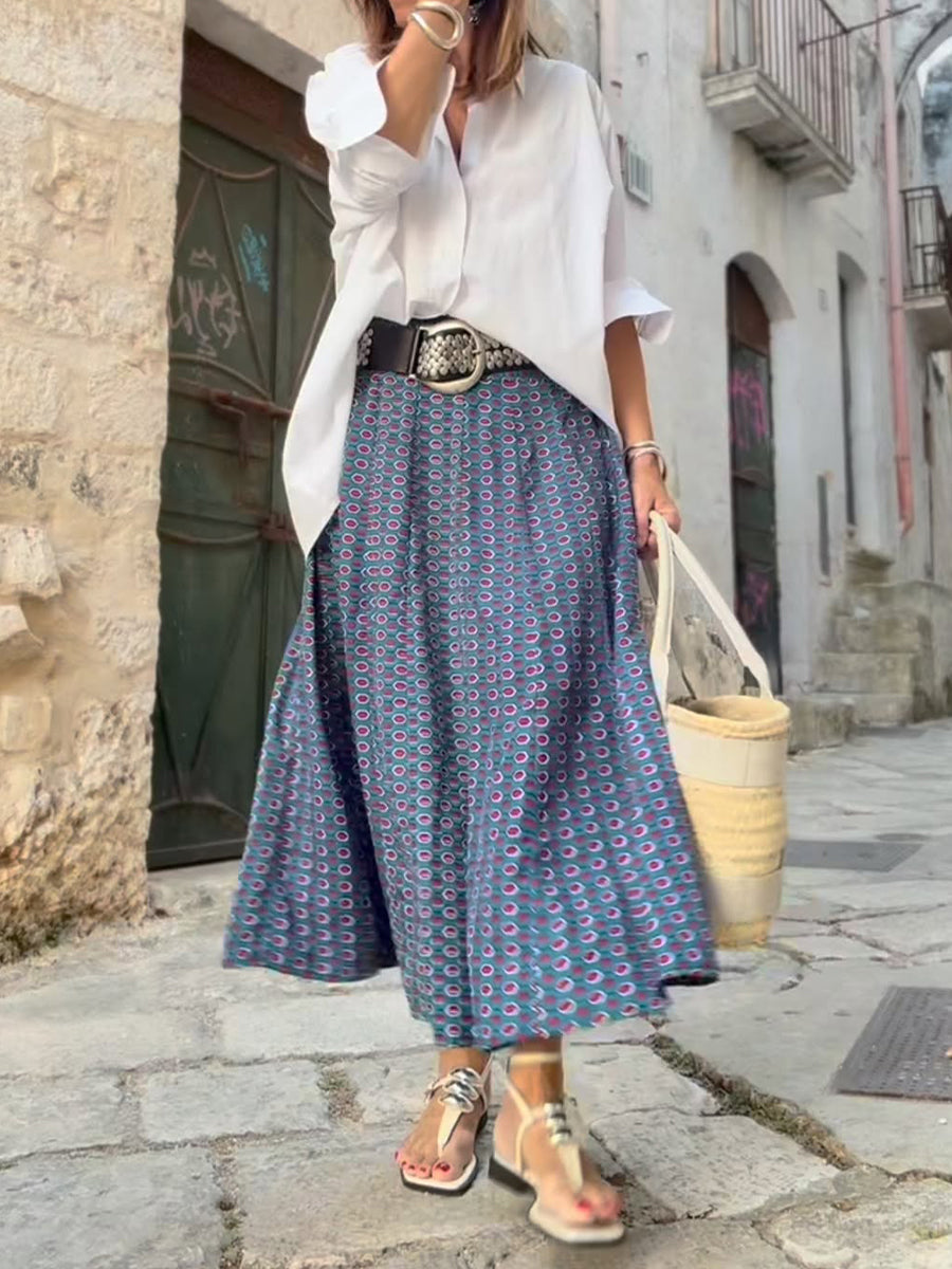Women's Solid Color Cotton and Linen Long-sleeved Shirt and Gorgeous Retro Printed Skirt Two-piece Set