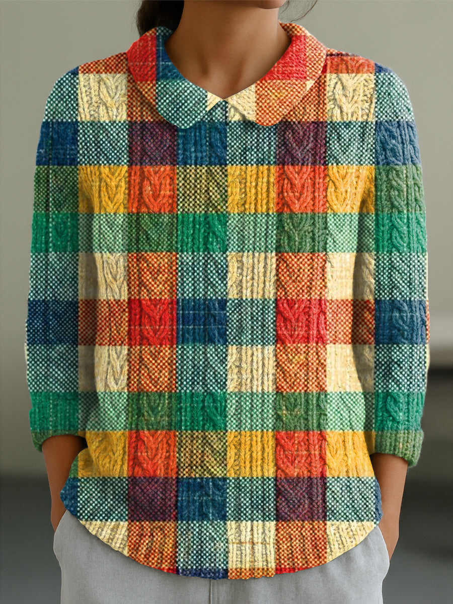 womens-vintage-colorful-plaid-painting-art-print-casual-peter-pan-collar-3-4-sleeve-sweater-cdam