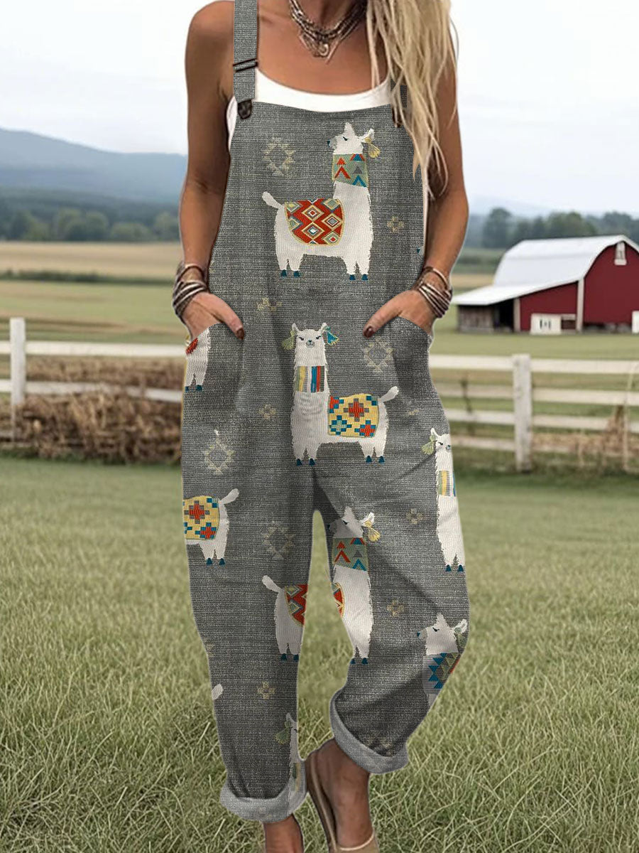 Women's   Funny Sheep Art Print Casual 100% Cotton Wide Leg Jumpsuit