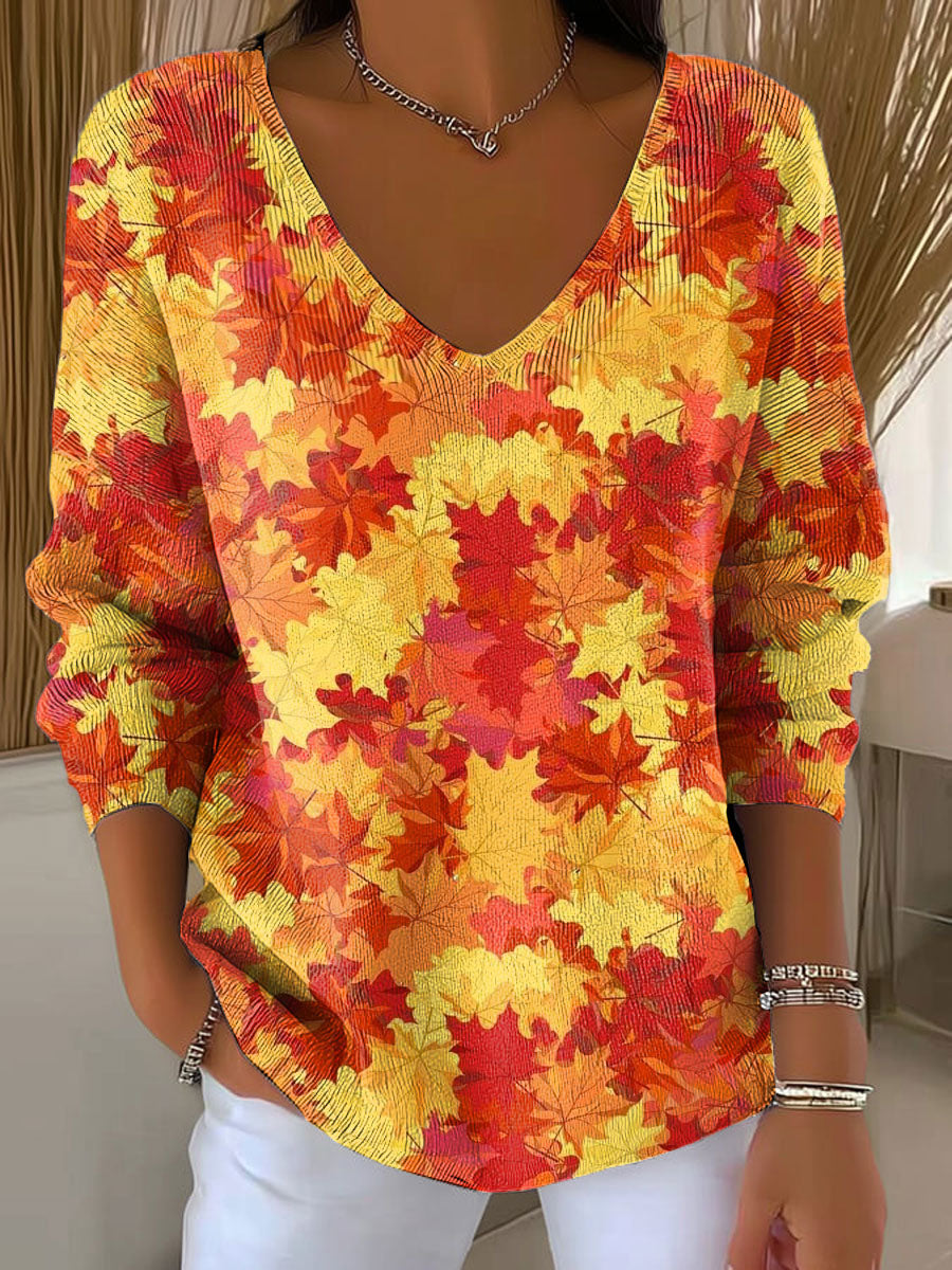 womens-autumn-leaves-orange-casual-print-pullover-sweater-e868