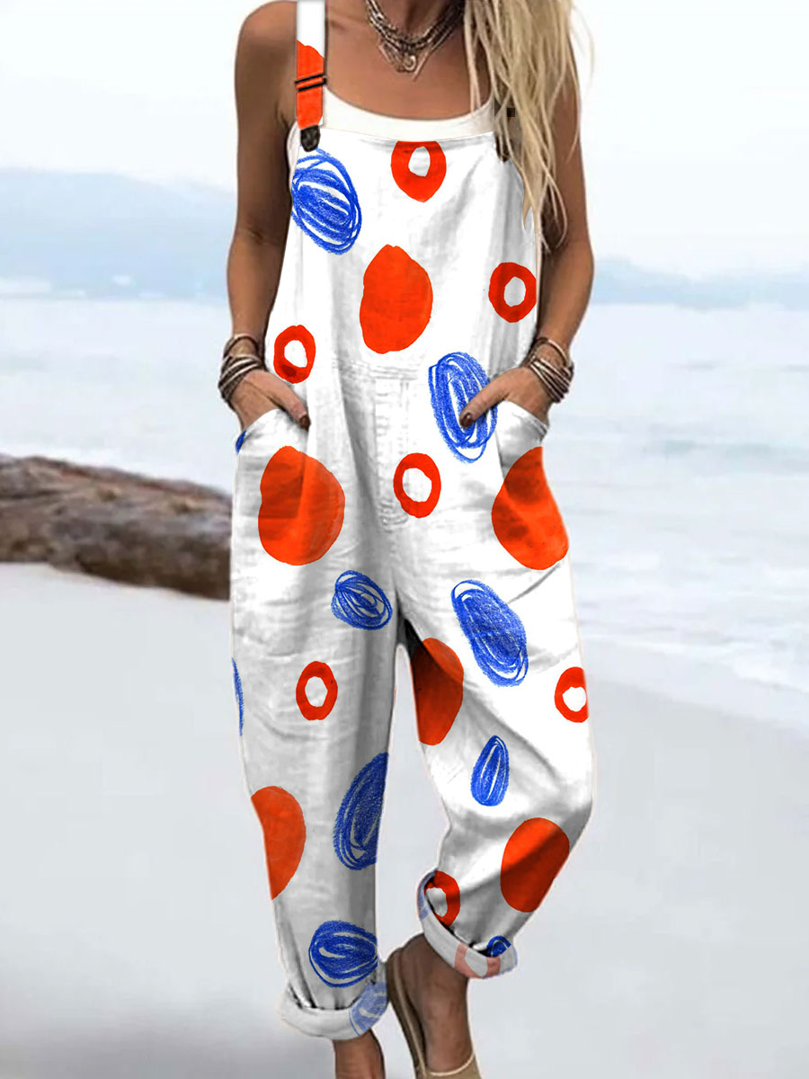 Women's Colorful Geometric Dot Art Print Casual 100% Cotton Wide Leg Jumpsuit