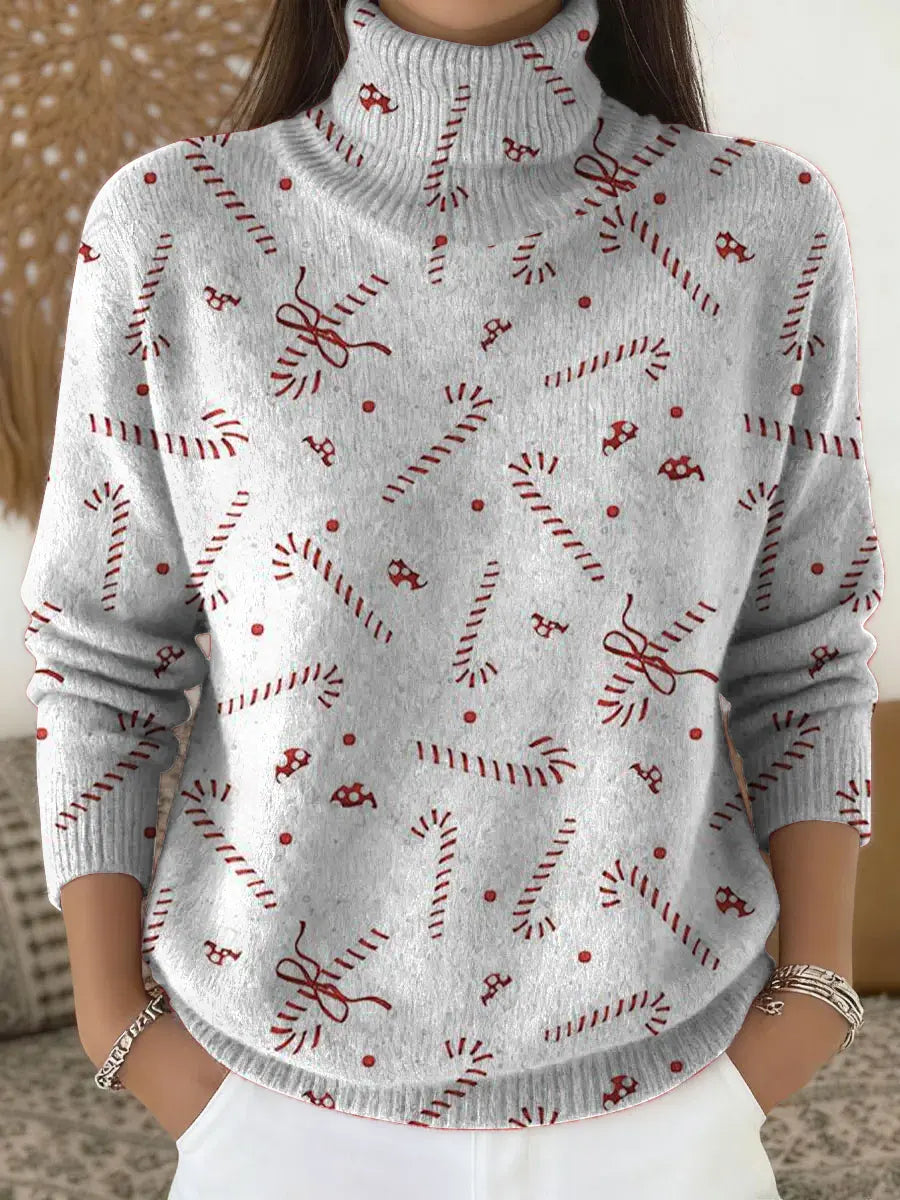 Women's Minimalist Christmas Elements Print Turtleneck Sweater