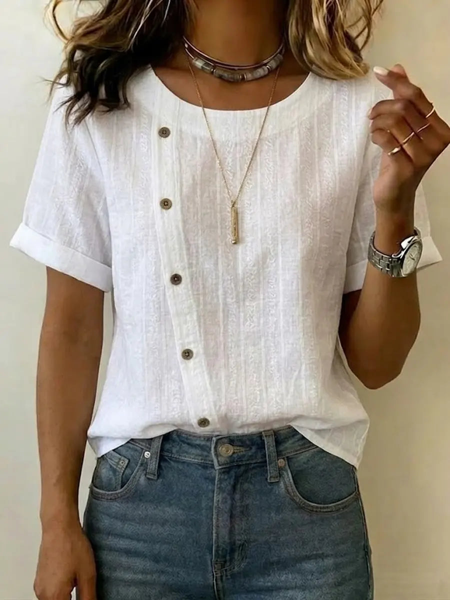 Women's Casual Simple Button-decorated Cotton-linen T-shirt