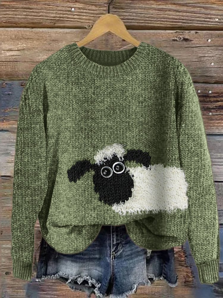 Vintage Cute Sheep Art Print Knit Pullover Sweater