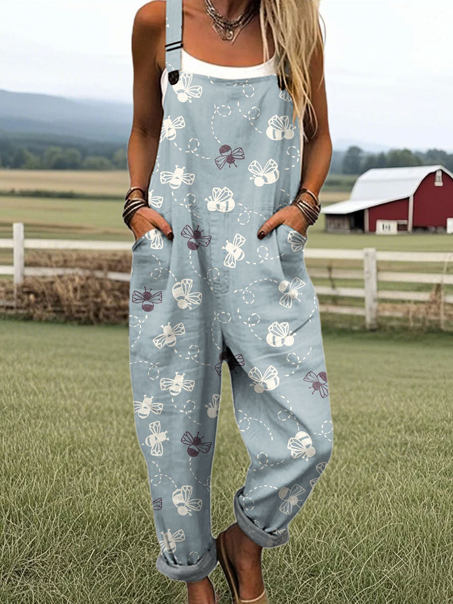 Women's Fashion Bee Art Print Casual 100% Cotton Wide Leg Jumpsuit