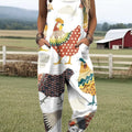 Women's Colorful Rooster Drawing Art Print Casual 100% Cotton Wide Leg Jumpsuit