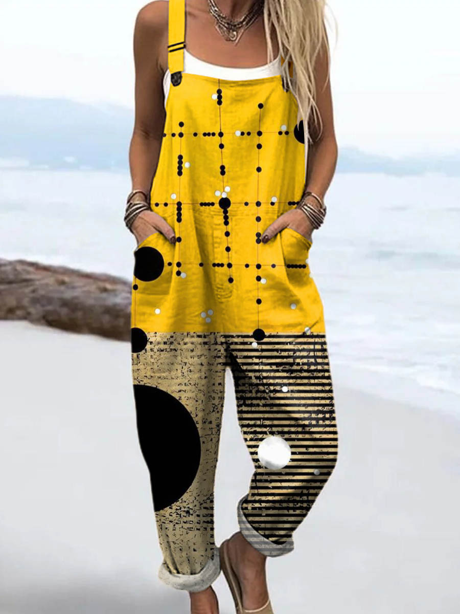 Women's Geometric Pattern Art Print Casual 100% Cotton Wide Leg Jumpsuit