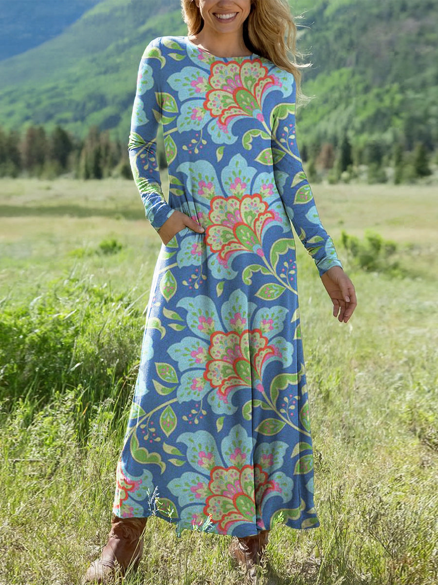 Women's Beautiful Abstract Ethnic Floral Painting Art Print Long-sleeved V-neck Dress