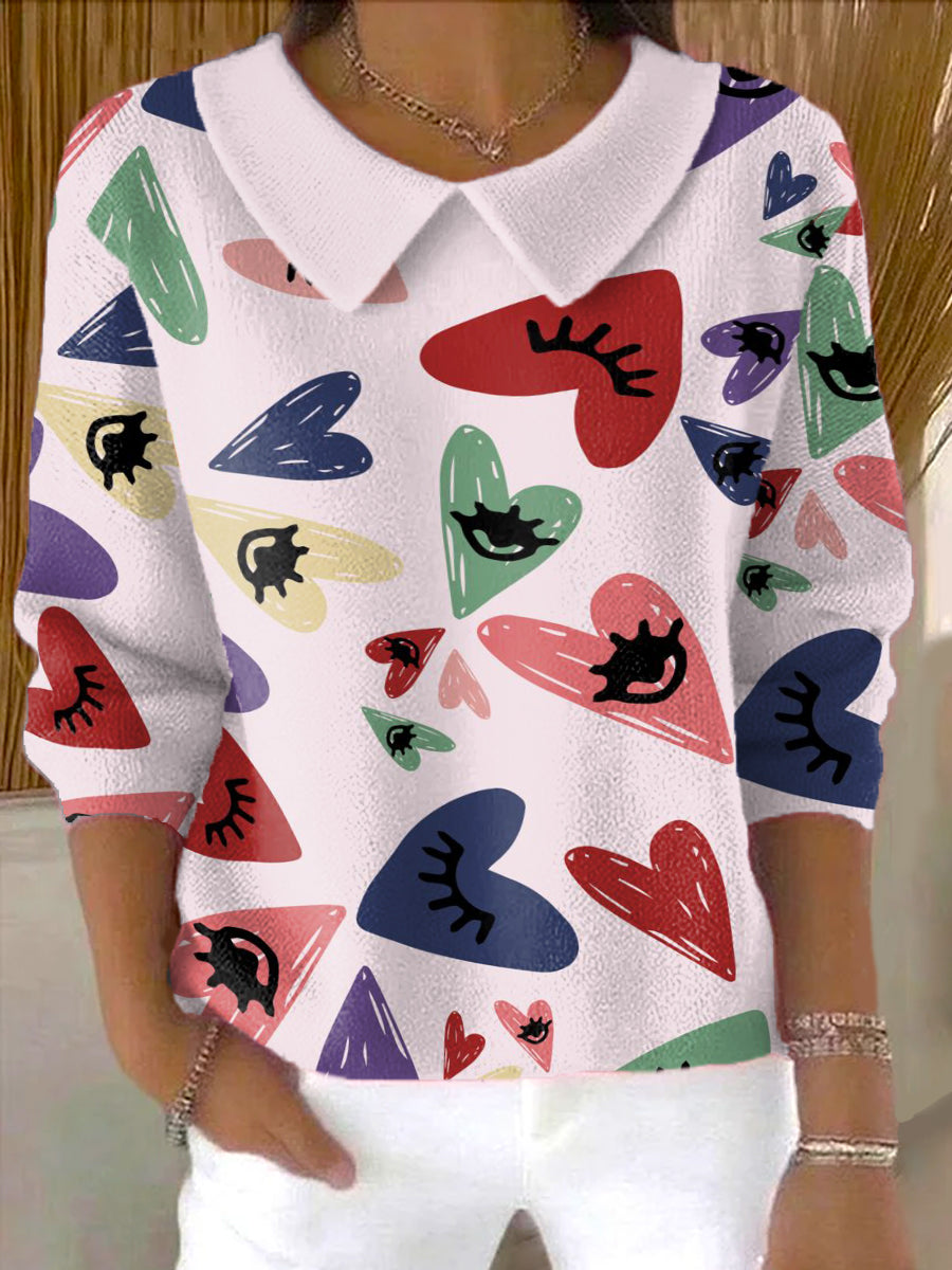 Women's Heart Eyes Print Casual Peter Pan Collar 3/4 Sleeve Sweater