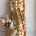 Women's Vintage Flower Art Print Linen Pocket Dress
