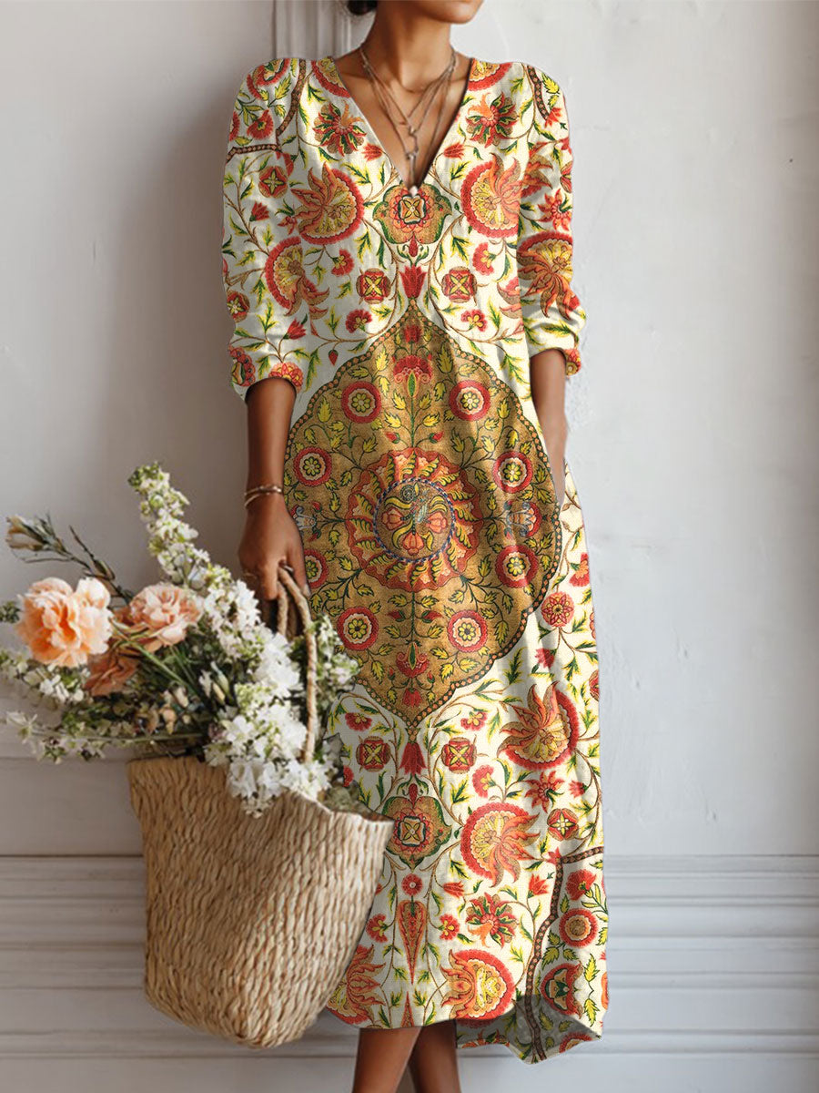 Women's Vintage Flower Art Print Linen Pocket Dress