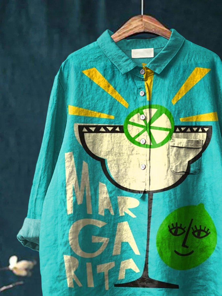 Margarita Cocktail Art Printed Women's Casual Cotton And Linen Shirt