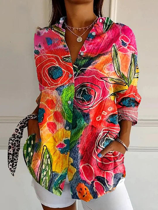 Women's Retro Floral Print Casual Cotton Shirt