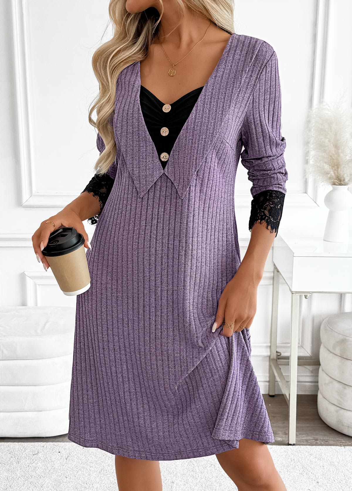 Dusty Purple Tummy Coverage Long Sleeve V Neck Dress