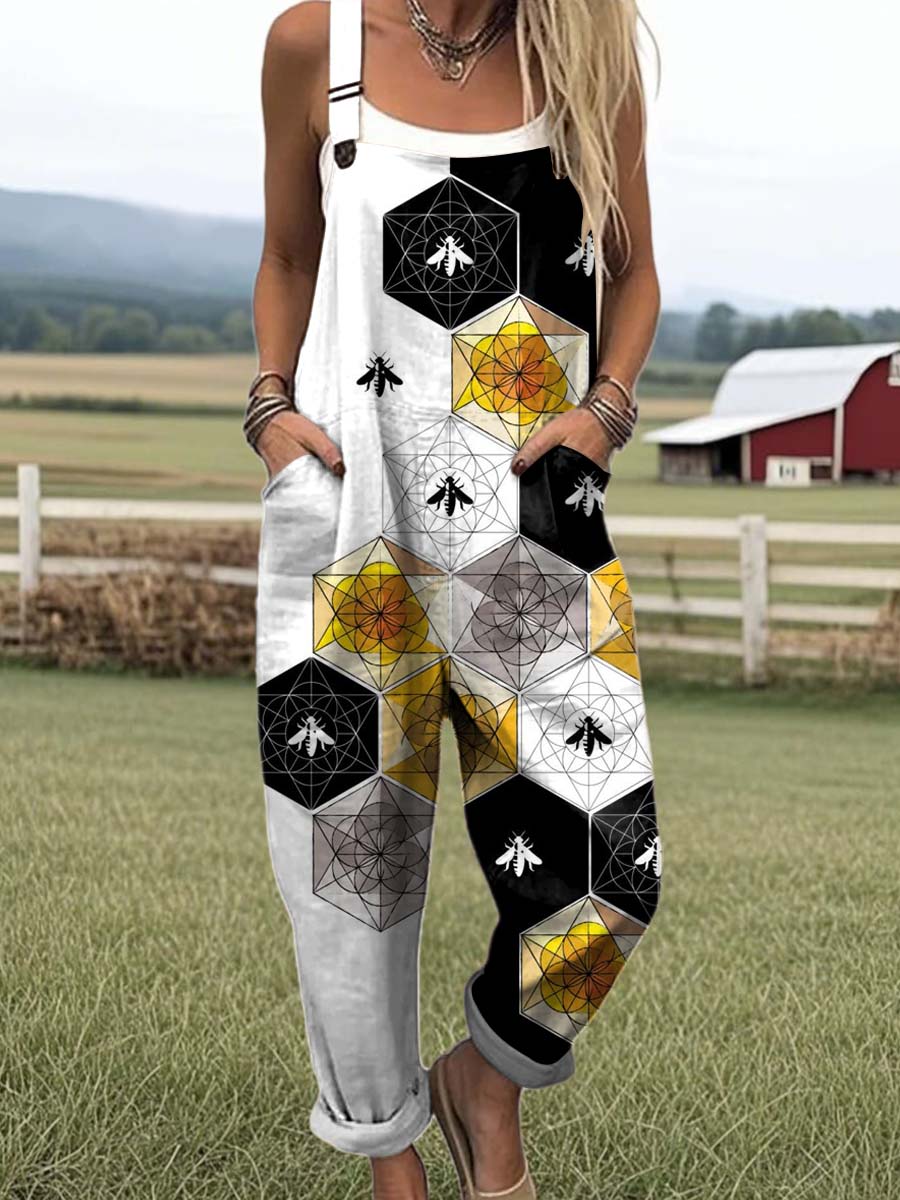 Women's Geometric Bees Art Print Casual 100% Cotton Wide Leg Jumpsuit
