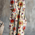 Women's Vintage Floral Art Pattern Print Pocket V-neck Cotton Dress