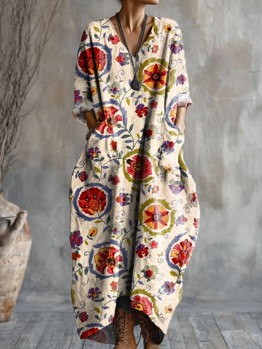Women's Vintage Floral Art Pattern Print Pocket V-neck Cotton Dress