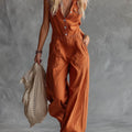 Women's Solid Color Shirt Collar Sleeveless Casual Loose Cotton And Linen Wide-leg Jumpsuit