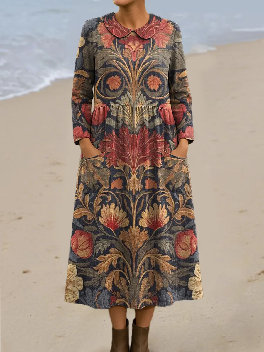 Women's Vintage Floral Art Print Casual Cotton Dress