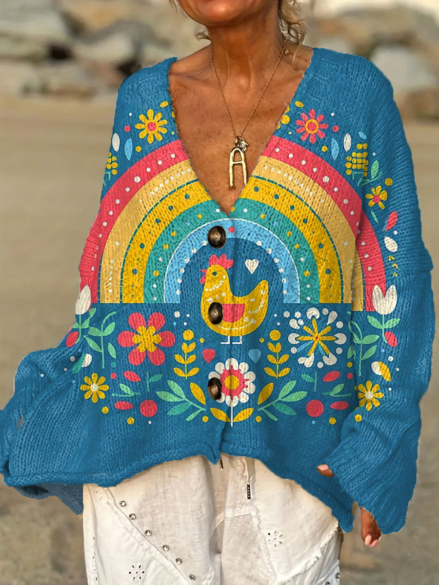 womens-vintage-chicken-flower-art-print-casual-pullover-sweater-3bdw