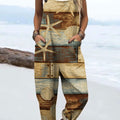 Women's Vintage Starfish Imitation Wood Board Abstract Art Print Casual 100% Cotton Wide Leg Jumpsuit