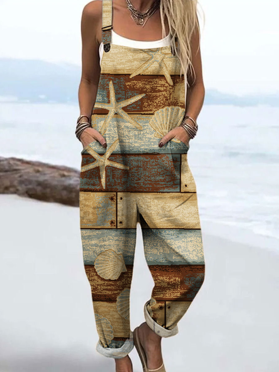Women's Vintage Starfish Imitation Wood Board Abstract Art Print Casual 100% Cotton Wide Leg Jumpsuit