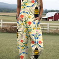 Women's Vintage  Flowers Bees  Art Print Casual 100% Cotton Wide Leg Jumpsuit