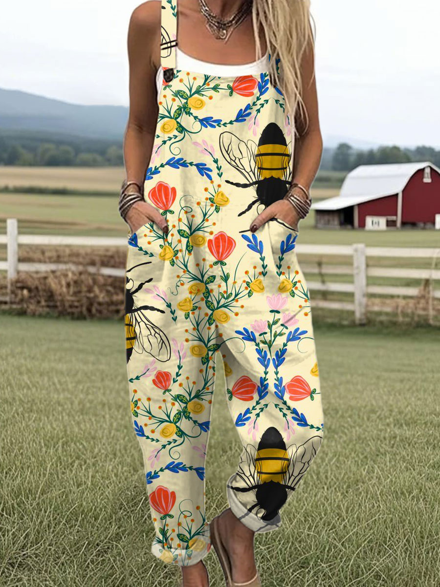 Women's Vintage  Flowers Bees  Art Print Casual 100% Cotton Wide Leg Jumpsuit