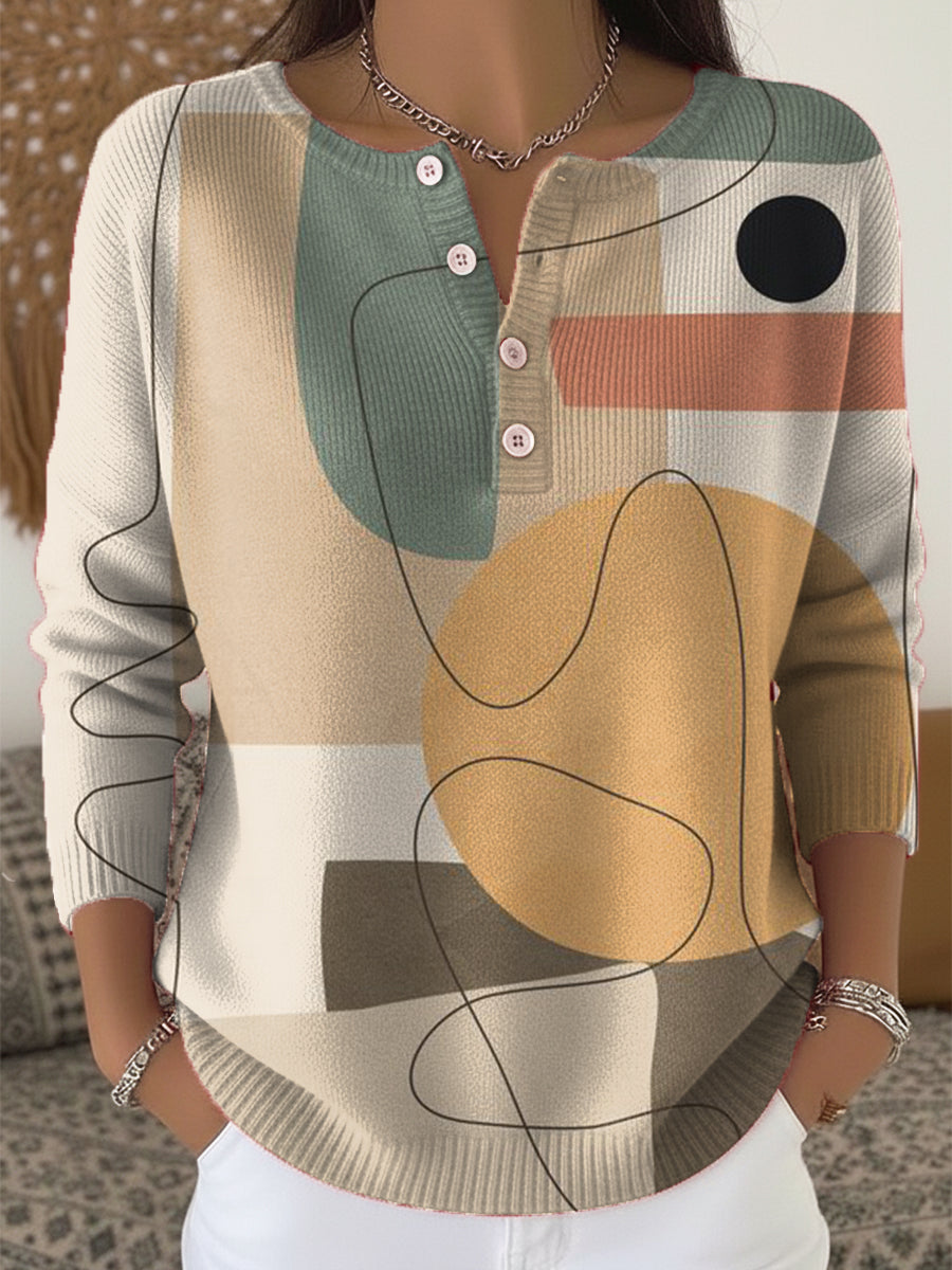 Abstract Geometric Color Block Painting Art Print Buttoned Cardigan Sweater