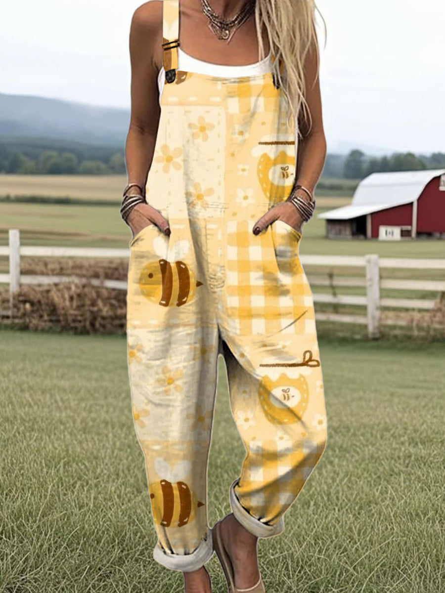 Women's Art Creative Grid Bee Print Casual 100% Cotton Wide Leg Jumpsuit