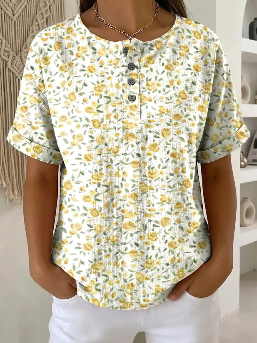 Women's Flower Pattern Printed Cotton Linen Top