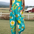 Women's Artistic Floral Bees Print Casual 100% Cotton Wide Leg Jumpsuit