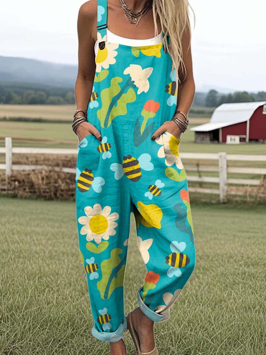 Women's Artistic Floral Bees Print Casual 100% Cotton Wide Leg Jumpsuit