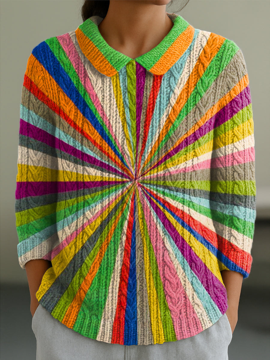 womens-colorful-radiating-stripes-painting-art-print-casual-peter-pan-collar-3-4-sleeve-sweater