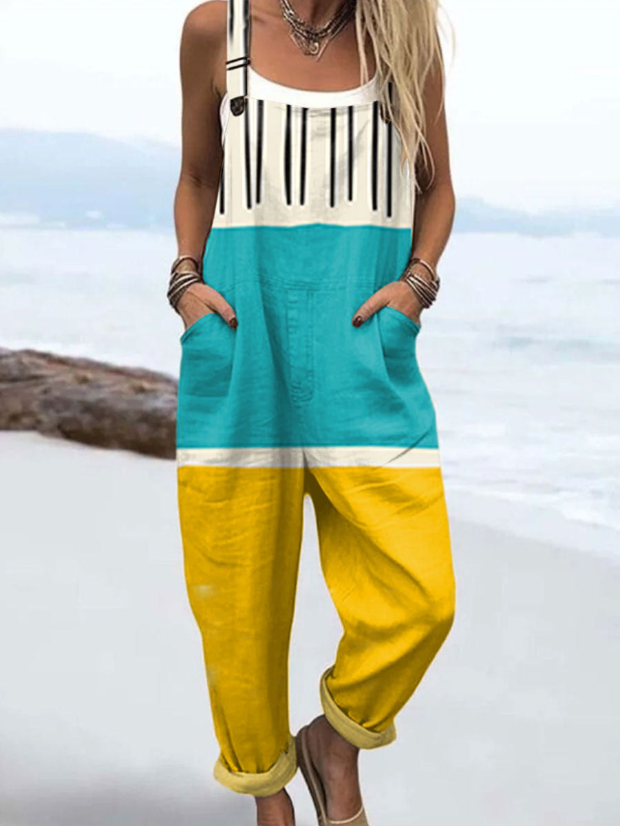 Women's  Vintage Abstract Geometric Art Print Casual 100% Cotton Wide Leg Jumpsuit