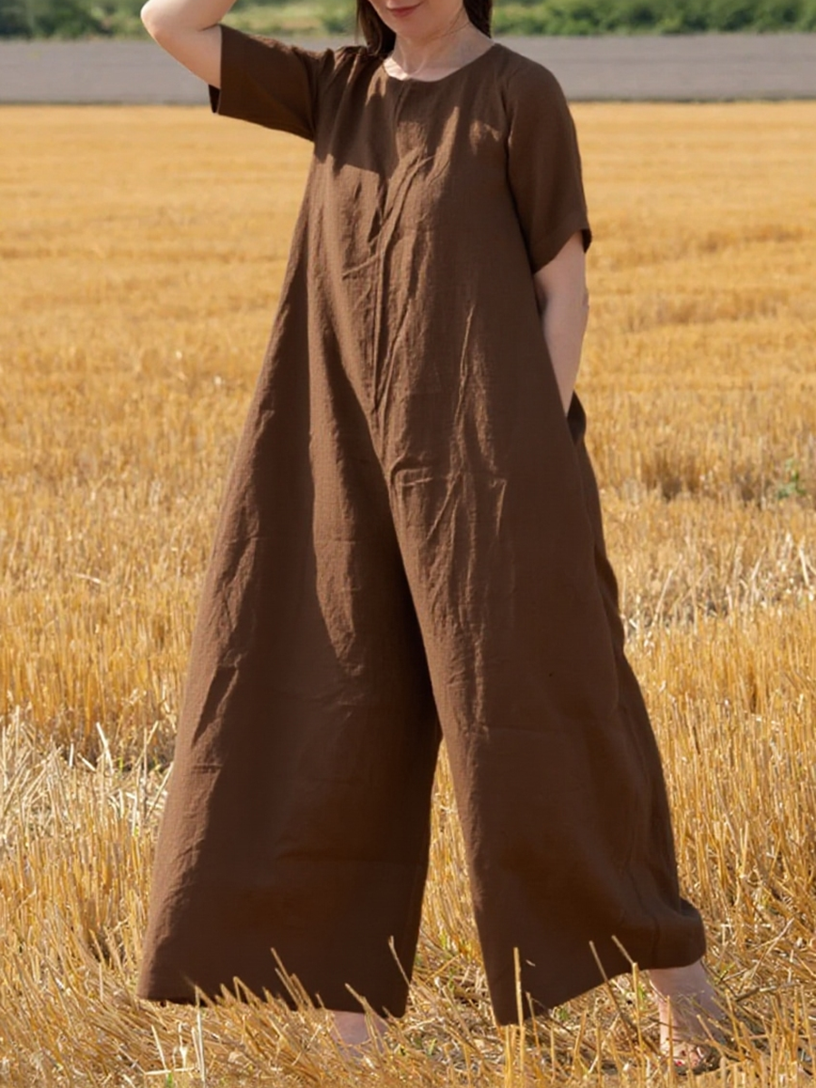 Women's Loose Pocket Cotton and Linen Jumpsuit