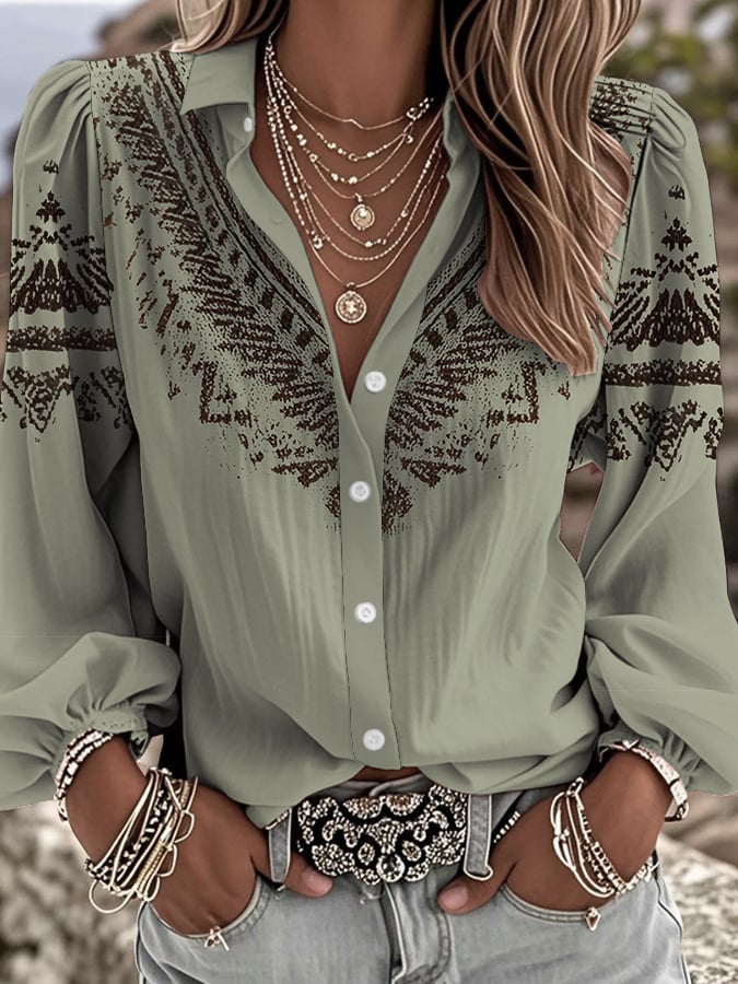 Women's  Vintage Flower Art Print Casual Cotton Shirt