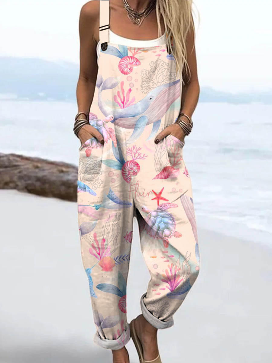 Women's Lovely Whale Turtle Art Print Casual 100% Cotton Wide Leg Jumpsuit