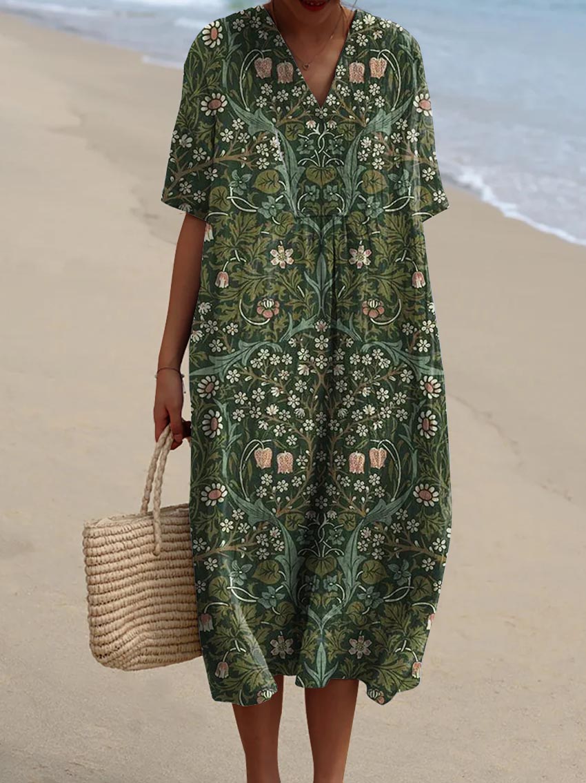 Women's Vintage Lovely Floral Art Print Flowy Dress