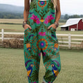 Combinaison pantalon large décontractée 100 % coton à imprimé floral vintage et perroquets pour femme 