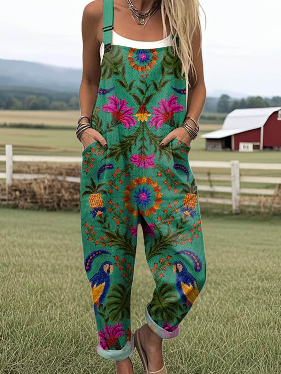 Women's Vintage Floral Parrots Art Print Casual 100% Cotton Wide Leg Jumpsuit