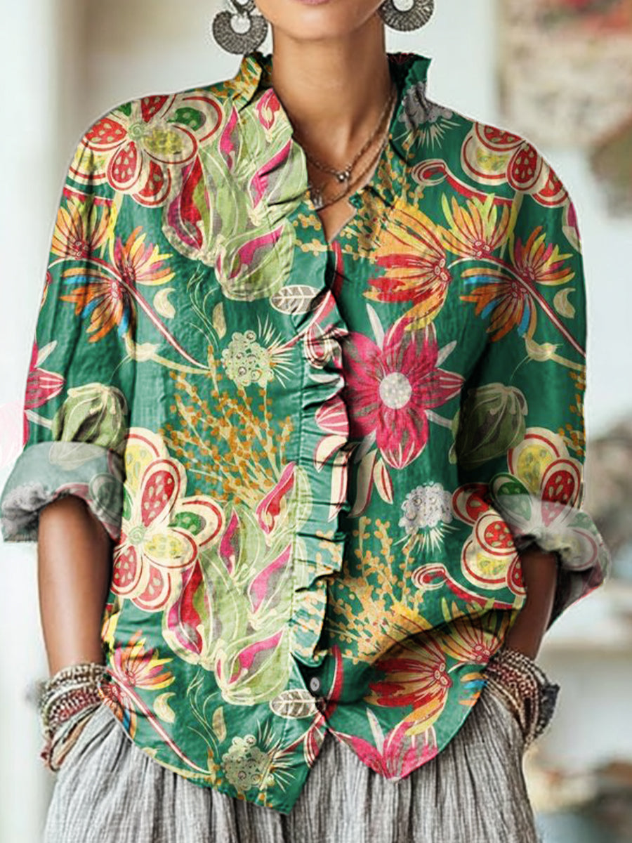 Women's Vintage Colorful Ethnic Floral Painting Art Print Casual Cotton And Linen Ruffle Shirt