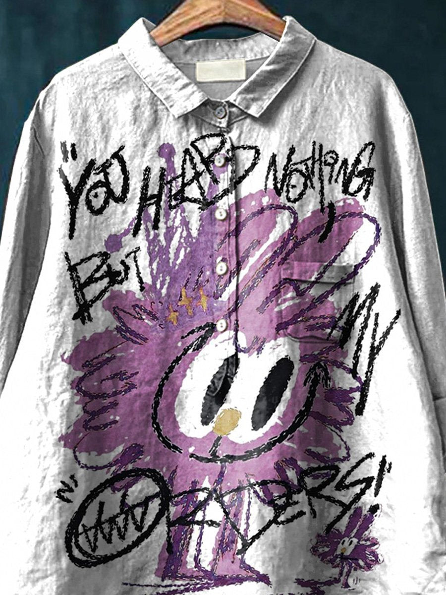 Mischievous Little Monster Graphic Printed Women's Casual Cotton And Linen Shirt