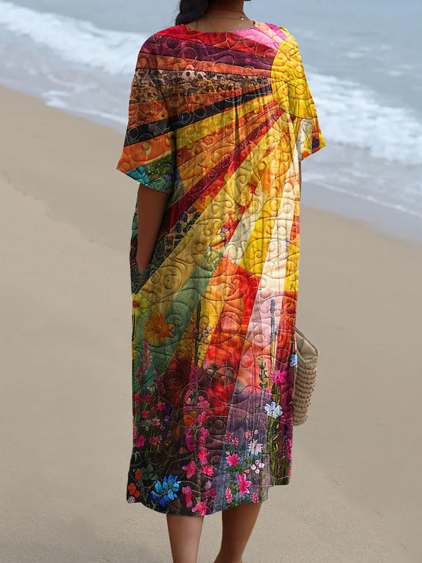Sunshine Summer Garden Quilt Art Printed Women's Flowy Dress